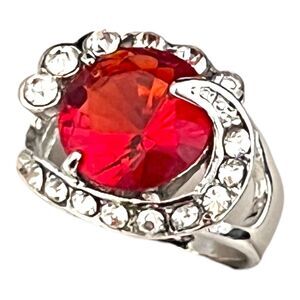 Vintage 1980s Cocktail Ring Red Glass Rhinestone Silver Tone - 5K